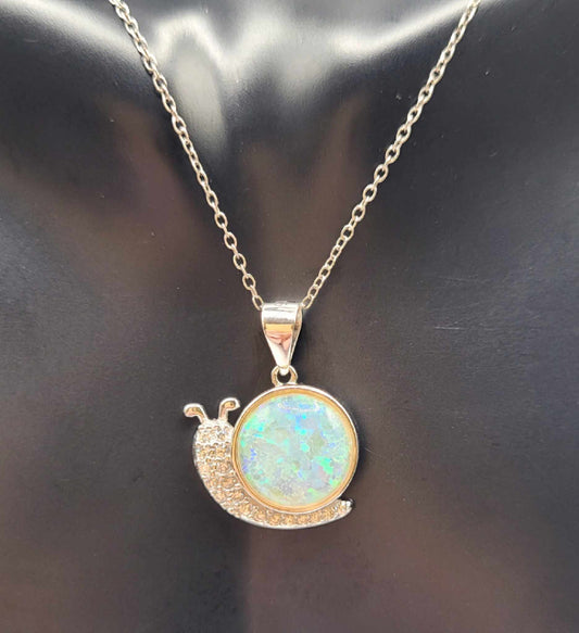 Sterling Silver Snail Pendant Necklace with Synthetic Opal and Cubic Zirconia