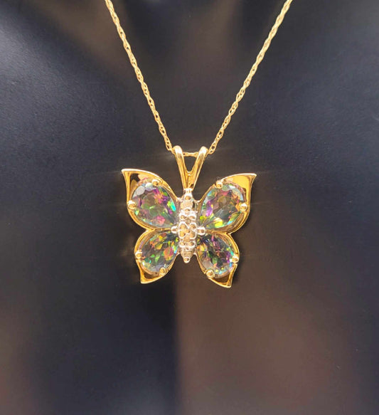 10K Yellow Gold Butterfly Necklace with Diamonds & Mystic Topaz