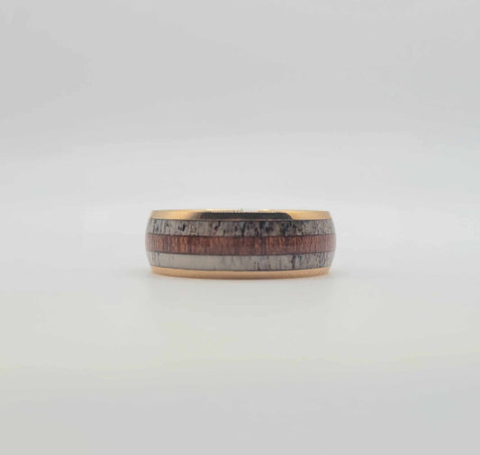 Chisel Stainless Steel Band with Rose Gold Plating, Wood, and Deer Antler Resin Inlay - Size 11