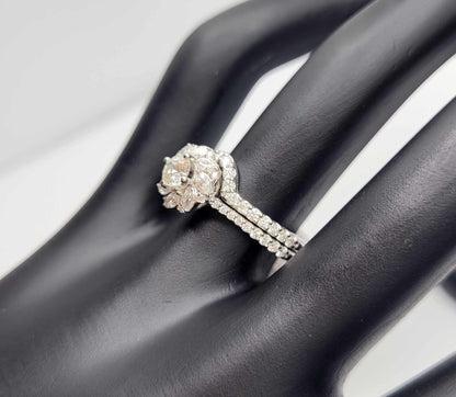 14K White Gold Diamond Wedding Set with Floral Halo, Size 6 1/2