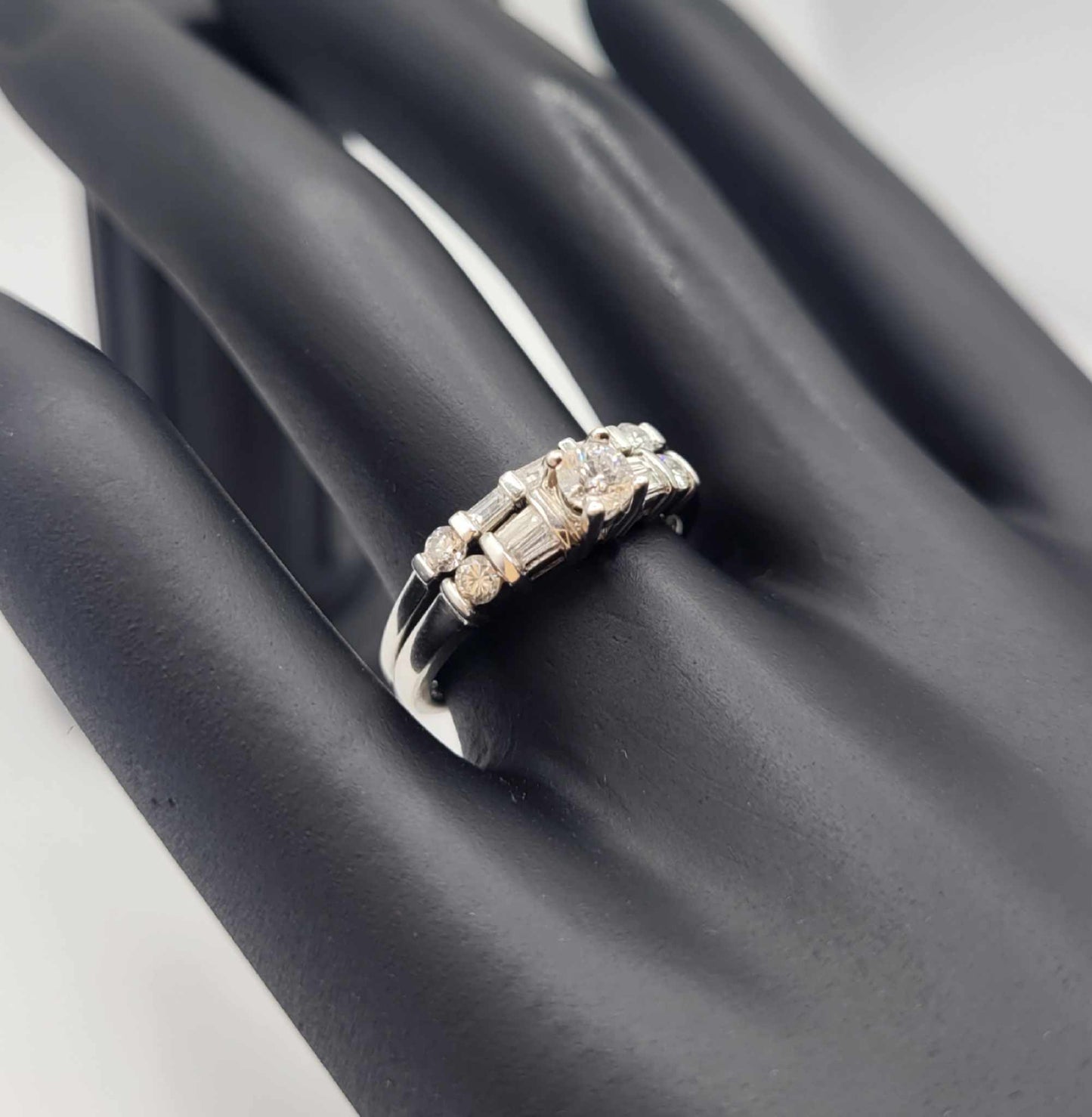 14K White Gold Wedding Set with Round and Baguette Diamonds, Size 7