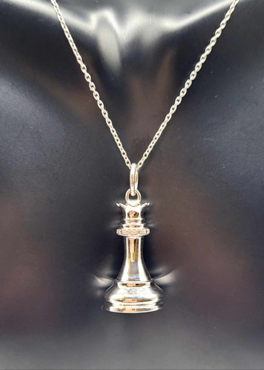 Sterling Silver Queen Chess Piece Necklace with Diamond Accent